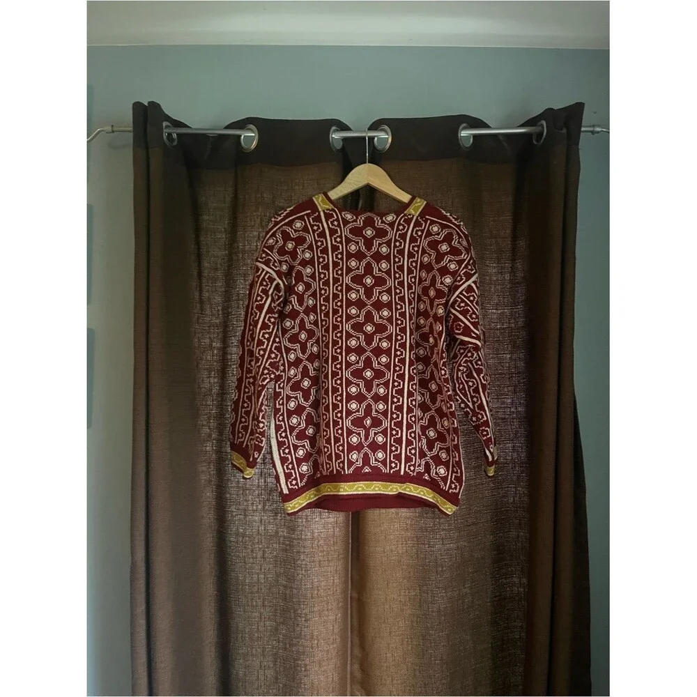 Viking Strikk Maroon Nordic Knit Sweater with Cream & Yellow Accents